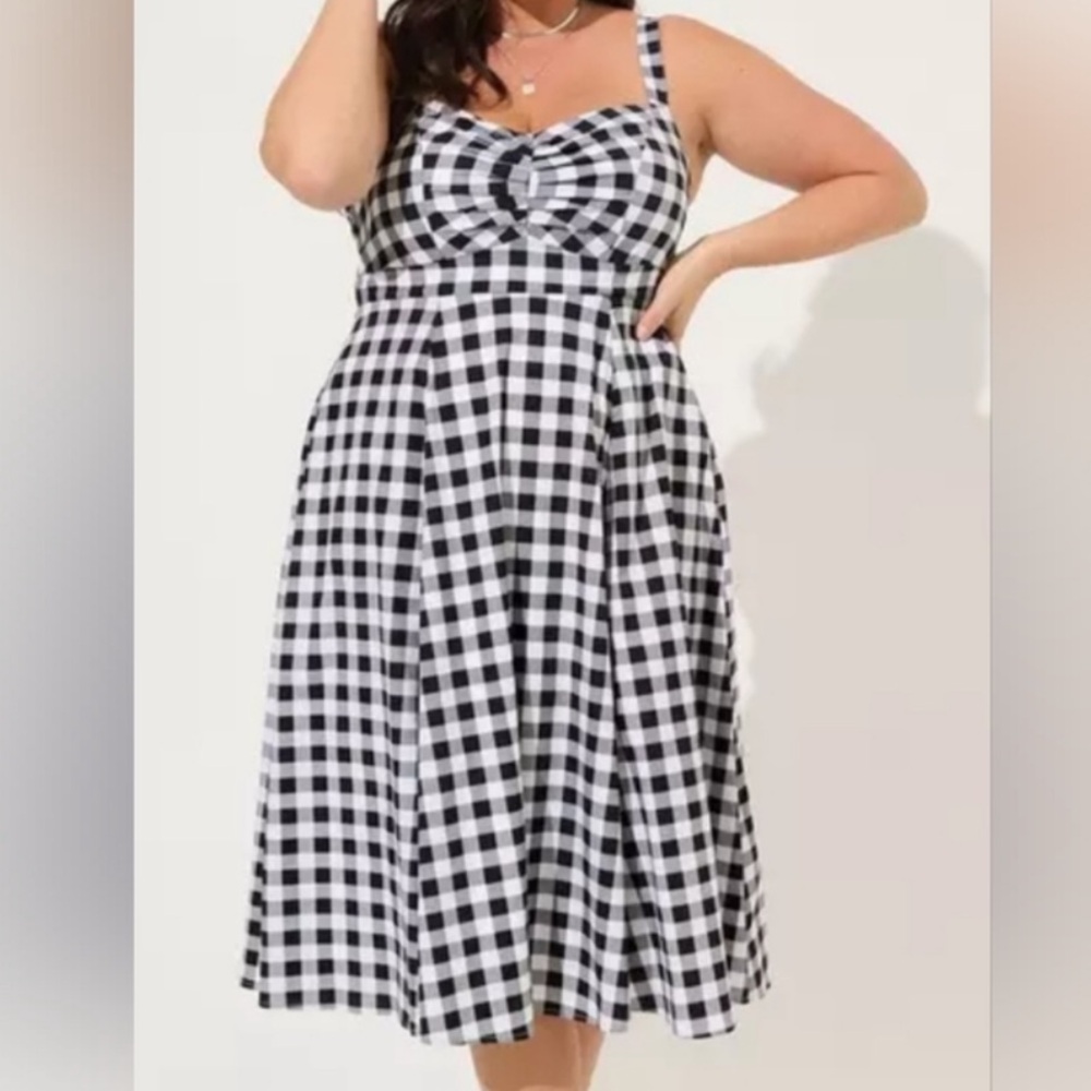 Torrid Gingham Cotton Smocked Flared Fully Lined Midi Dress